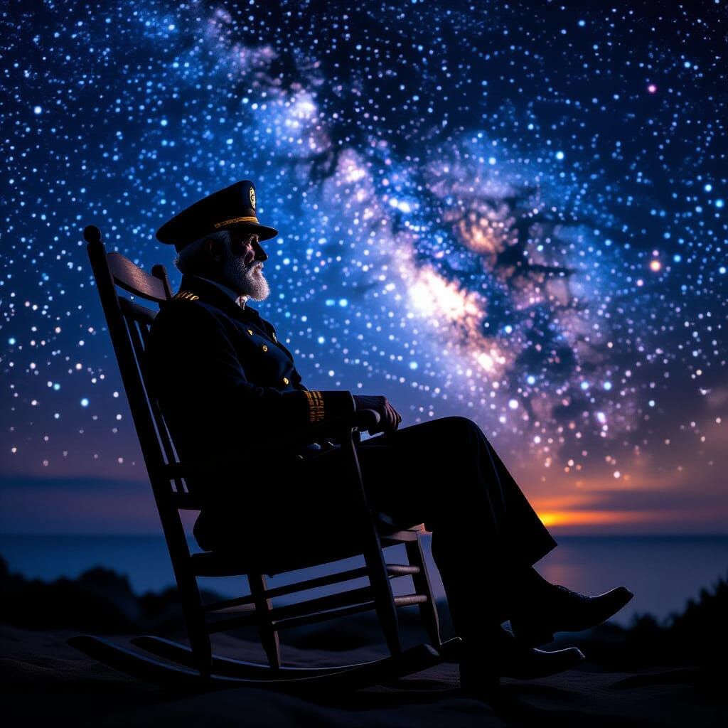 Cosmic Night: Silhouette of an Old Naval Officer