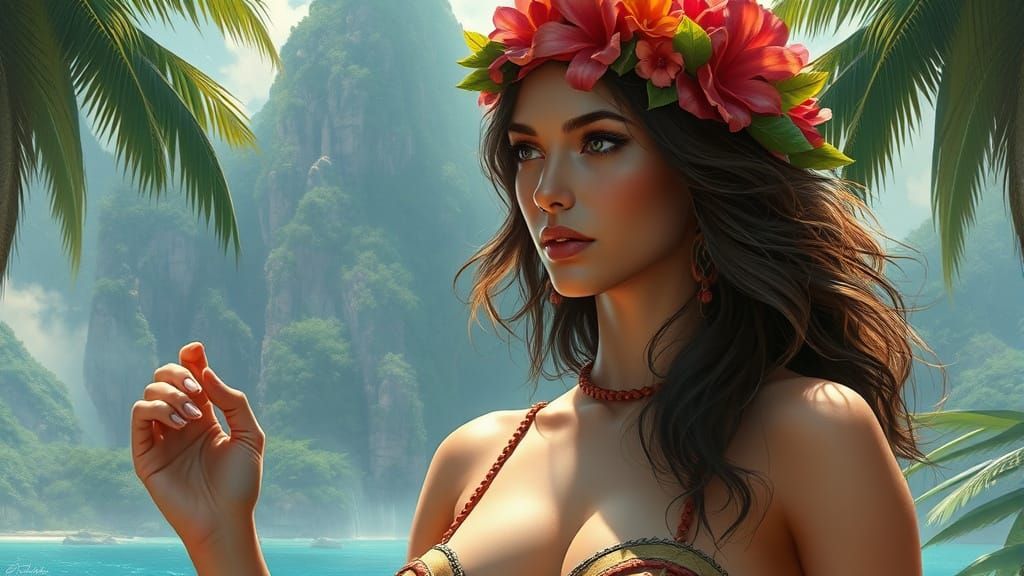 Surreal Tropical Goddess in a Vibrant Island Paradise