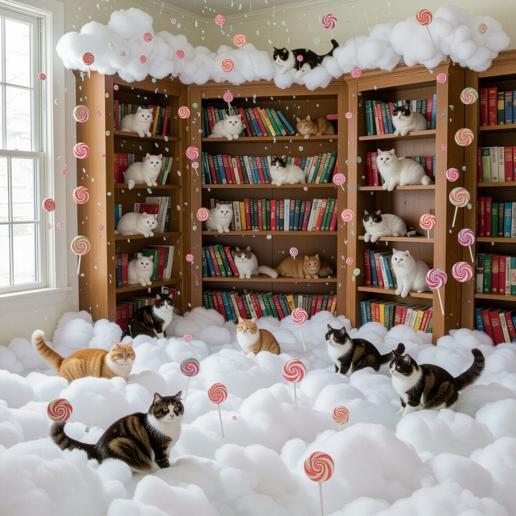 Whimsical Library with Cats, Cloud Floor, and Candy Rain