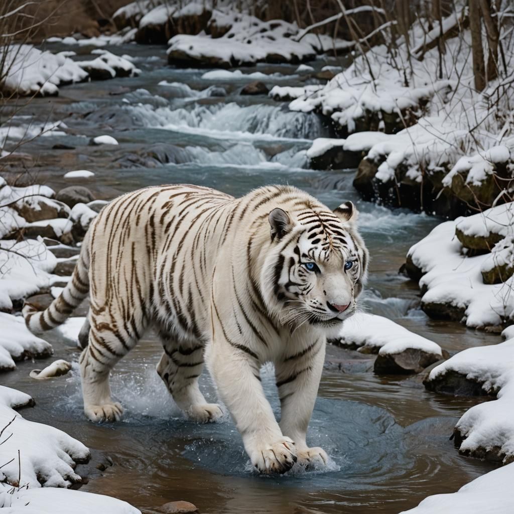 White Siberian Tiger in Snowy Landscape