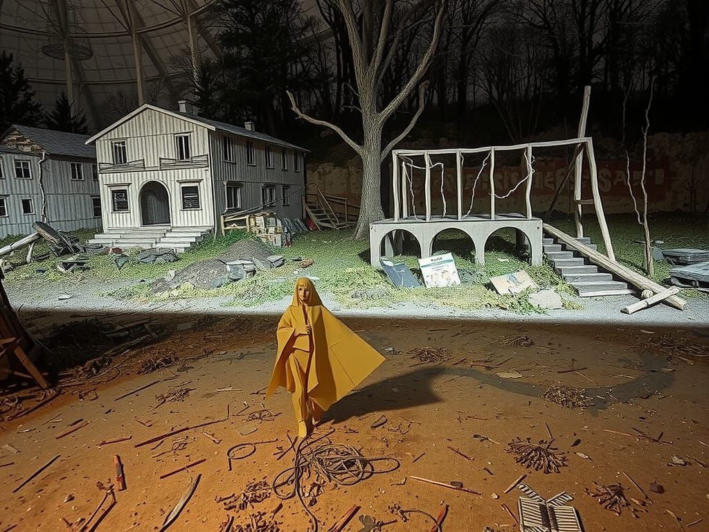 Ephemeral Figure Amidst Post-Apocalyptic Ruins