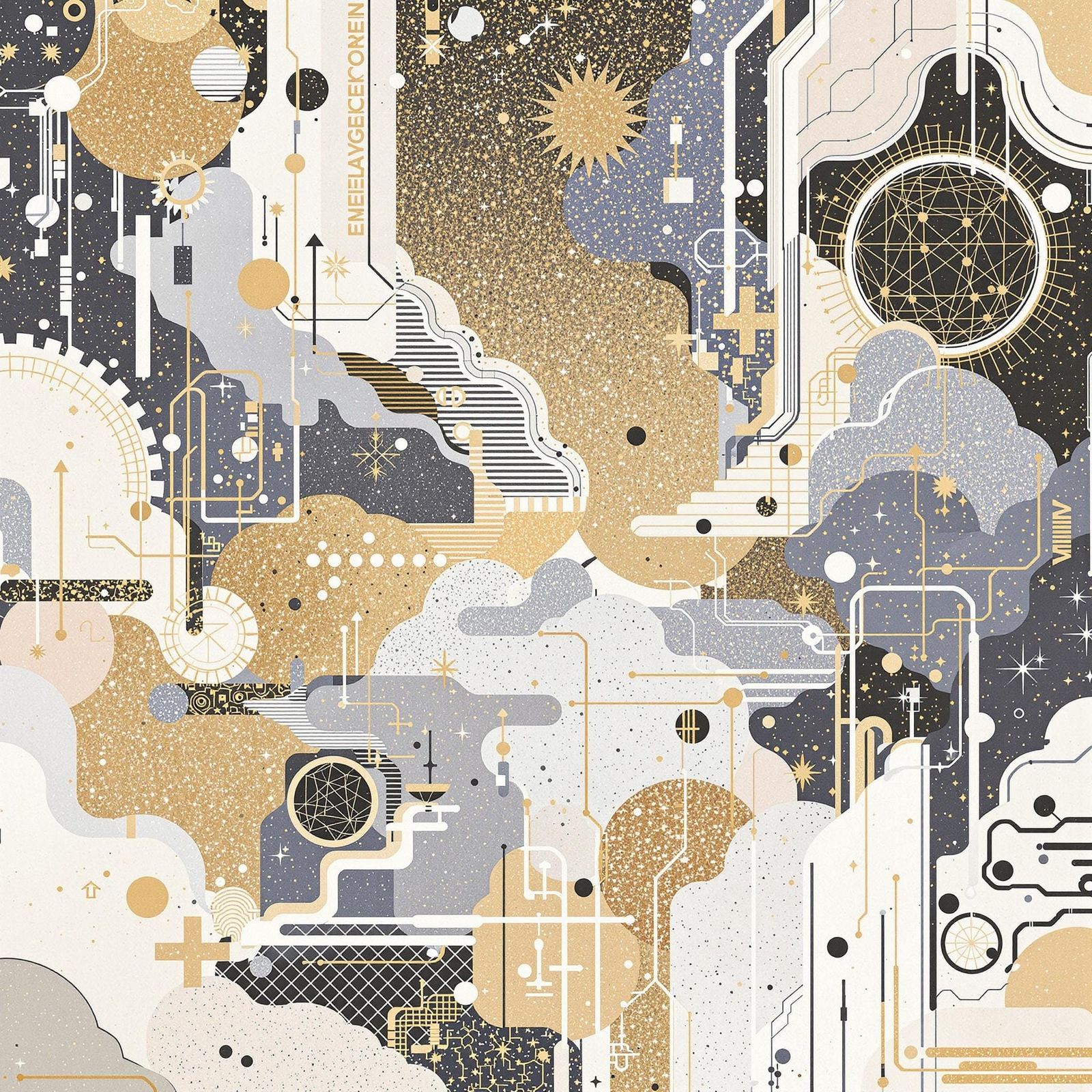 Abstract Indigo Cityscape with Gold Constellations