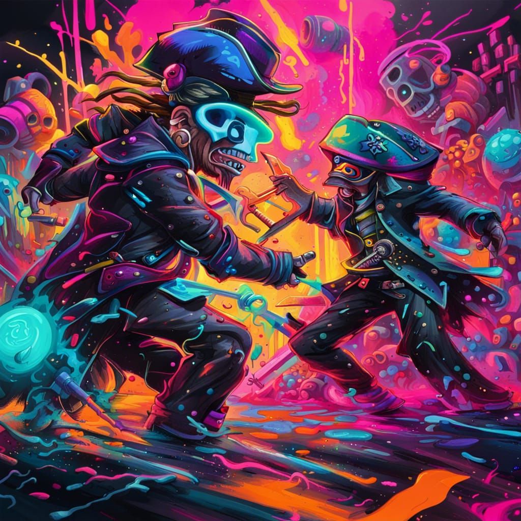 Metaverse Battle: Pirates vs Data Kraken in Graffiti Style