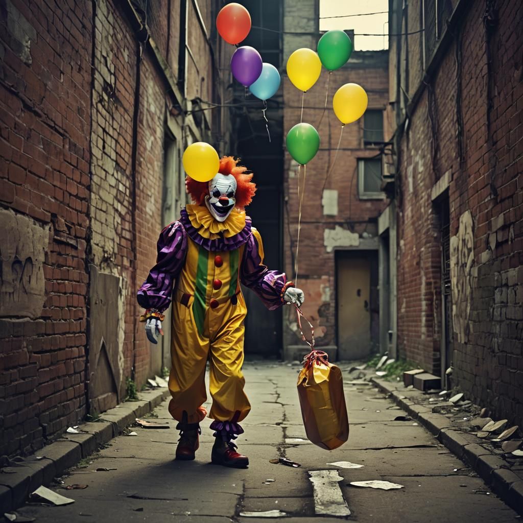 Creepy Clown with Balloons in Abandoned Alleyway