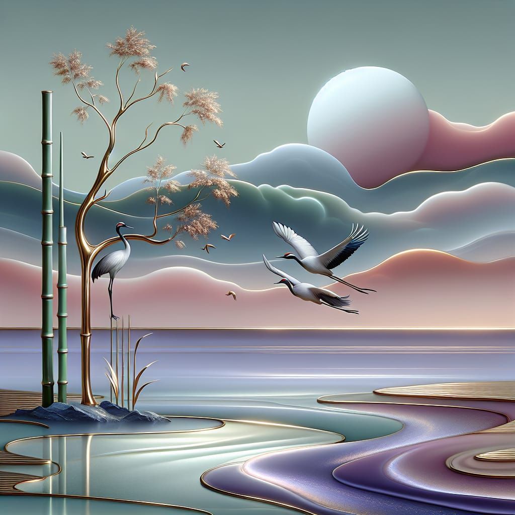 Minimalist Surreal Landscape with Jade Bamboo and Cranes