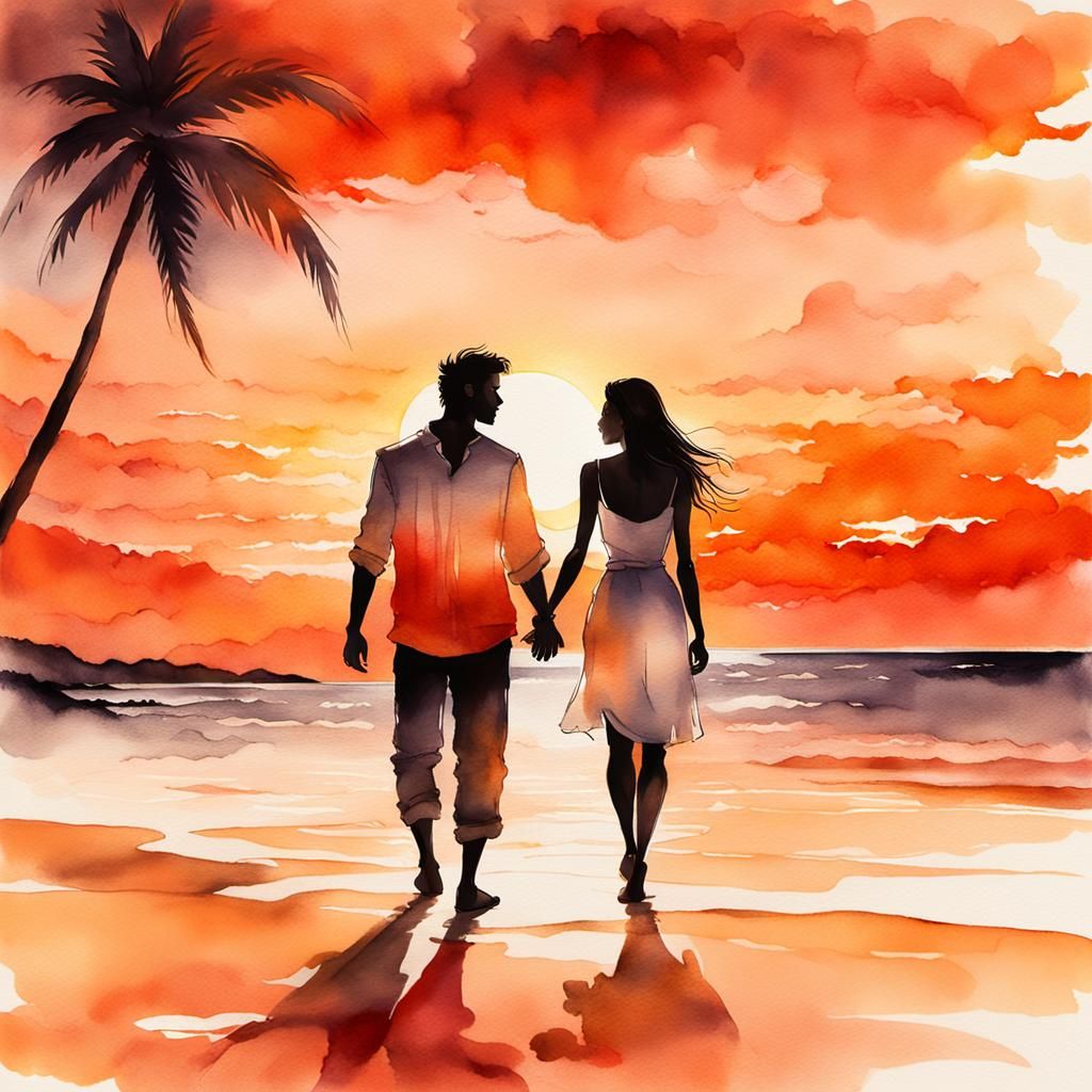 Dreamy Tropical Sunset in Watercolor Style