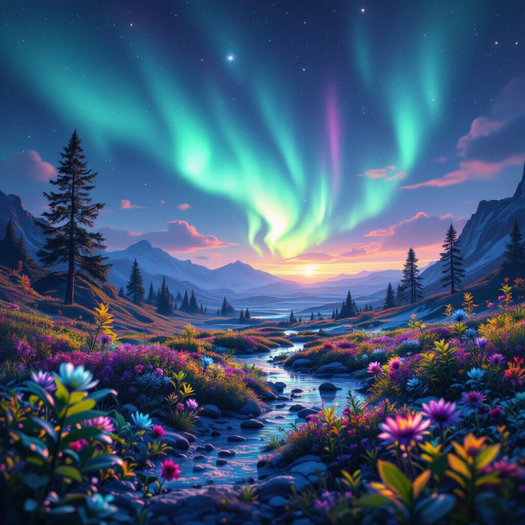 Alien Planet Aurora Borealis Dance in Hyperrealistic Style