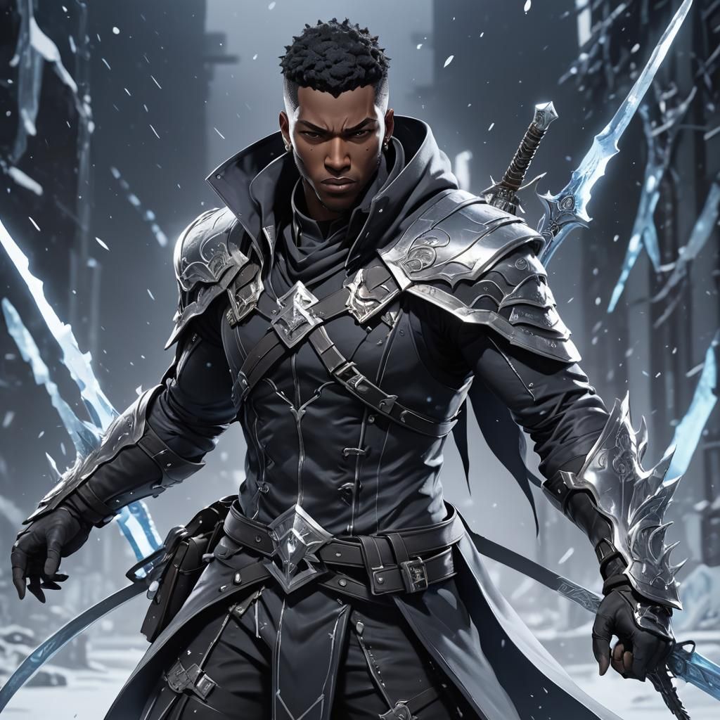 Ice Black Male Assassin in 3D Anime Style