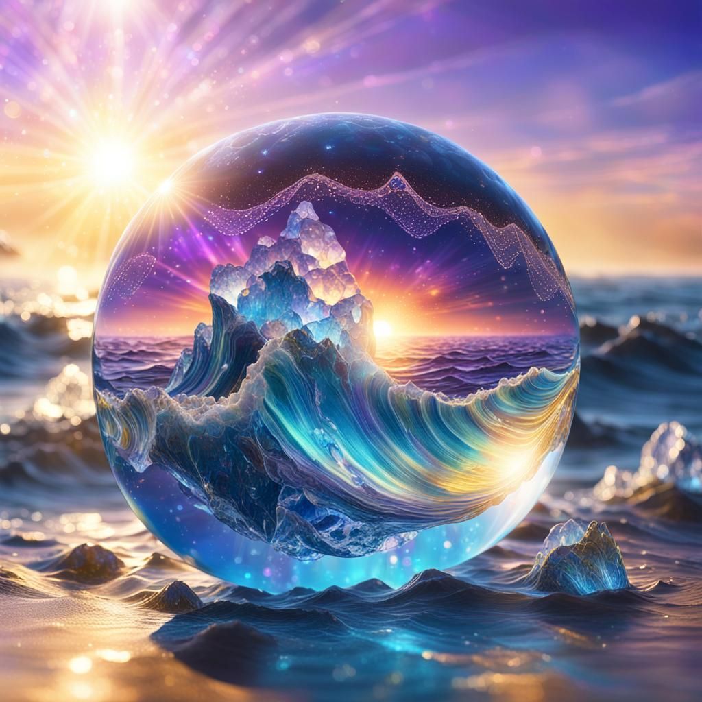 Crystal Buckyball with Ocean Waves, Surreal Concept Art
