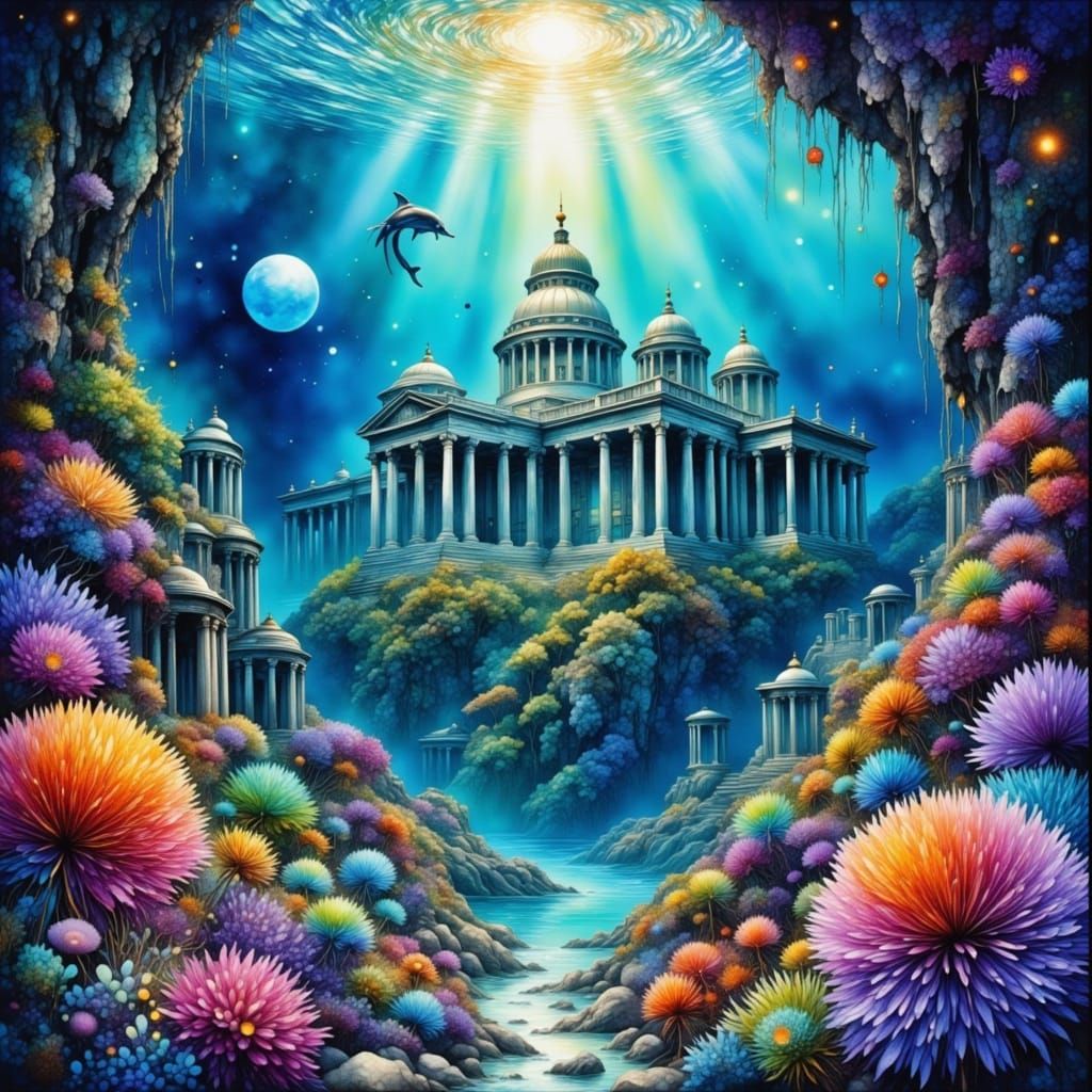 Sunken Greek City in Watercolor Alcohol Ink Style