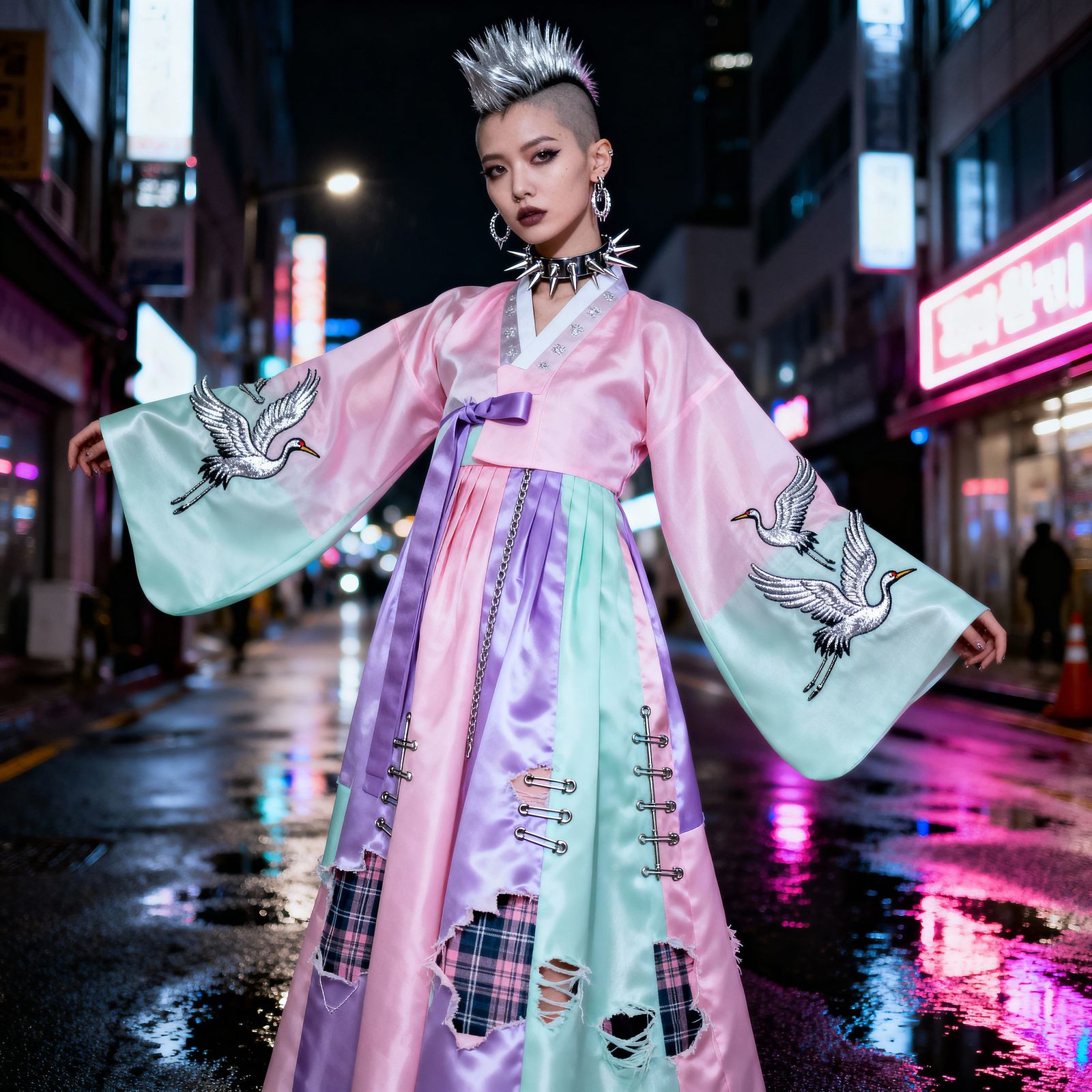 Pastel Goth Hanbok Fashion: Woman in Modern Hybrid Style