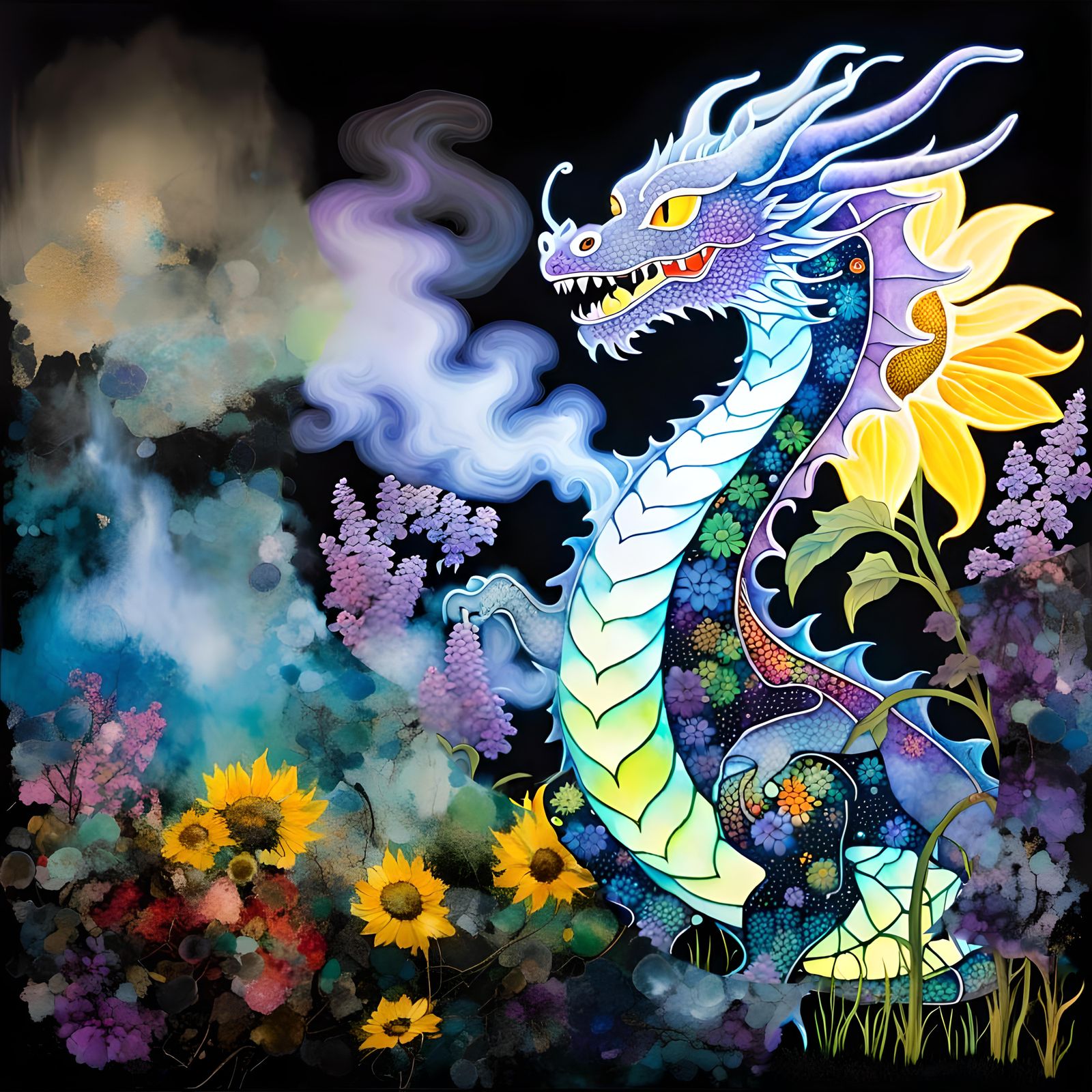 Ethereal Dragon in Fog, Prismatic Liquid Art