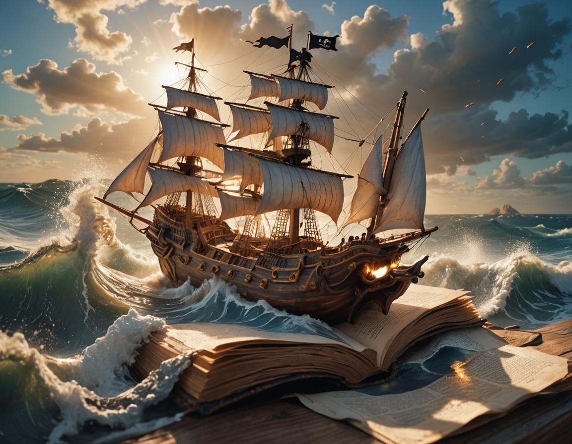 Pirate Ship Emerges from Book: Digital Art