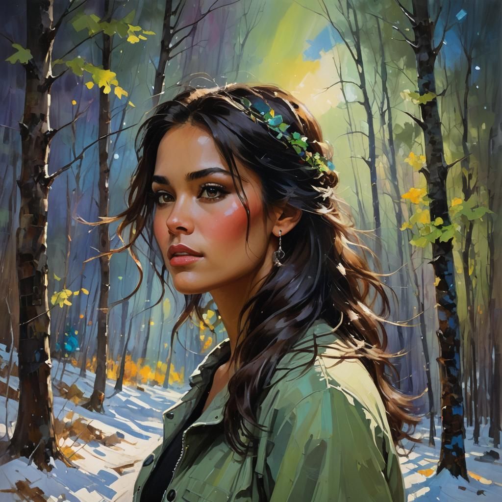 Aurora Borealis Over Woods: Impressionistic Teen Portrait