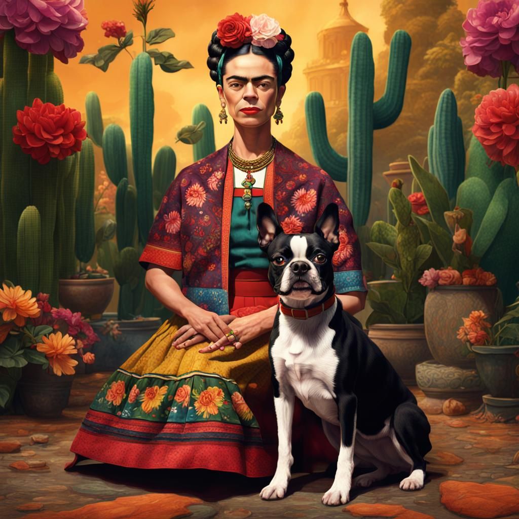 Frida Kahlo and Boston Terrier: Detailed Matte Painting