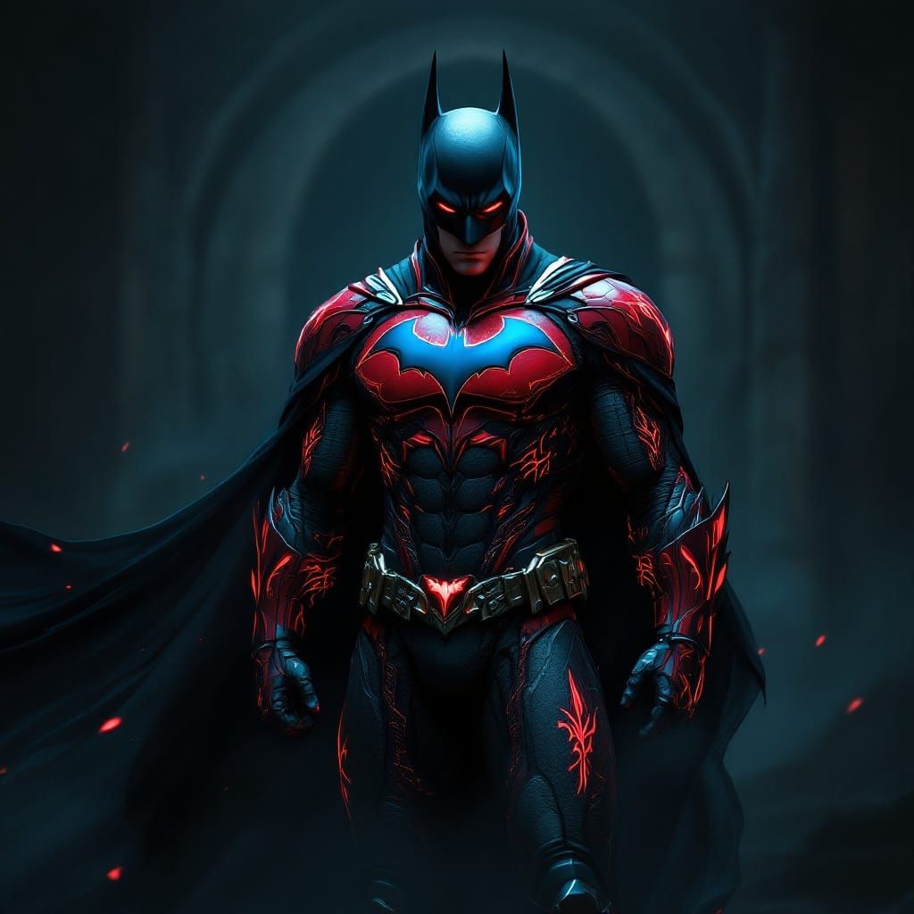 Gothic Fantasy Batman in Red Armored Suit with Obsidian Cloa...