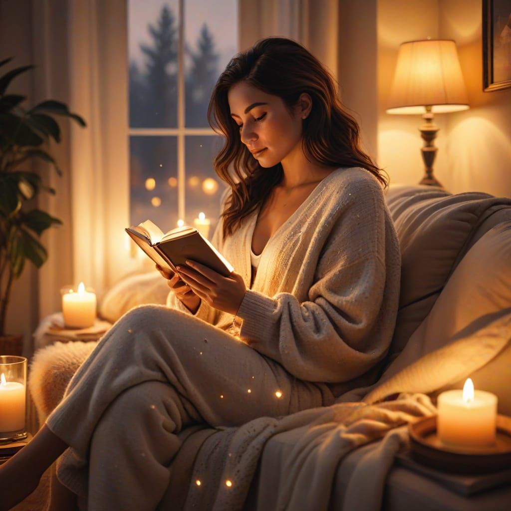 Cozy Reading Nook with Woman and Coffee