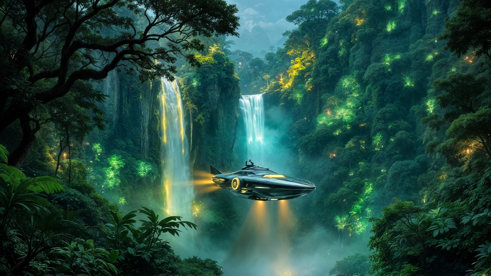 Cyberpunk Solarpunk Fusion: Jungle Waterfall at Night