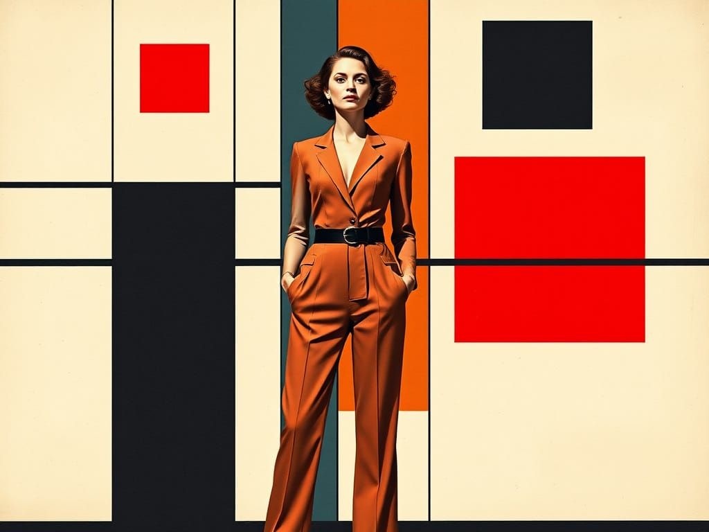Bauhaus Woman with Geometric Abstract Background