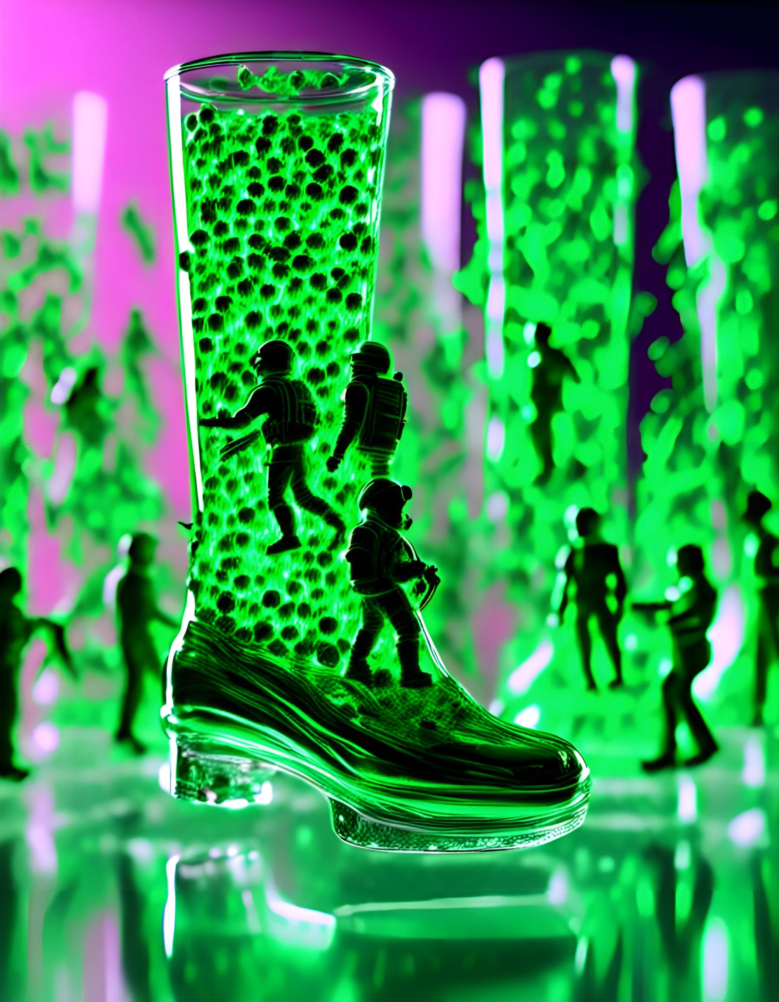 Tiny Astronauts Fill Glass Rainboot: 16k Photo
