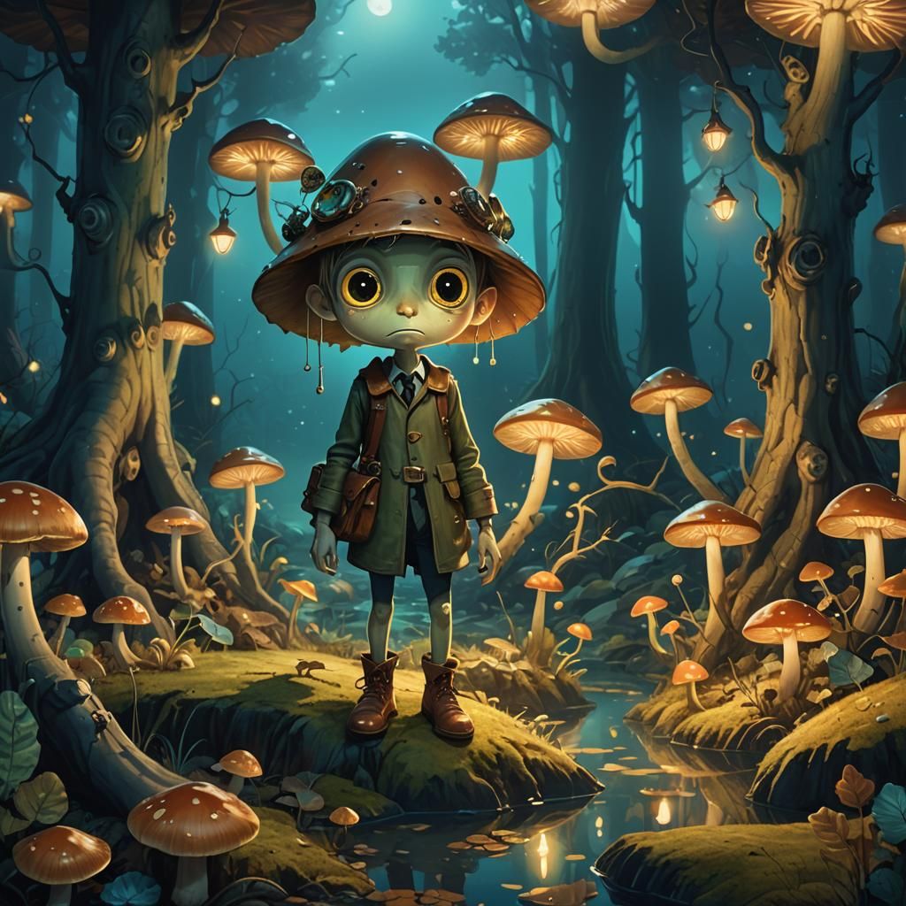 Glowing Mushroom in Whimsical Underwater Night Scene