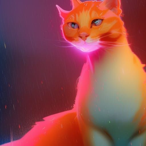 Neon Pink Orange Cat in the Rain