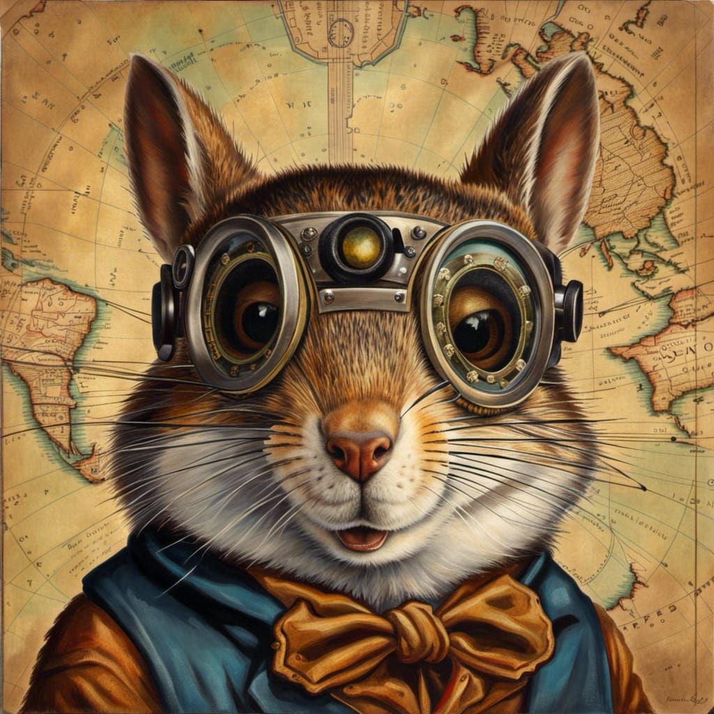 Steampunk Squirrel in Antique Oil Painting Style