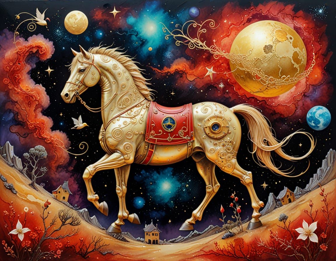 Macabre Devil Horses in Space: Surreal Dreamlike Painting