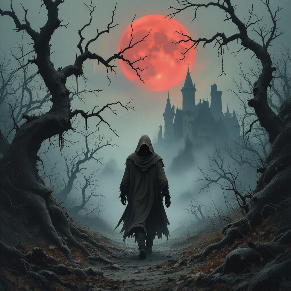 Wanderer in Decaying Forest with Blood Moon in Grim Realism