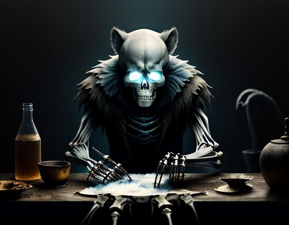 Furry Skeleton Cleans Bones: Dark Fantasy Concept Art
