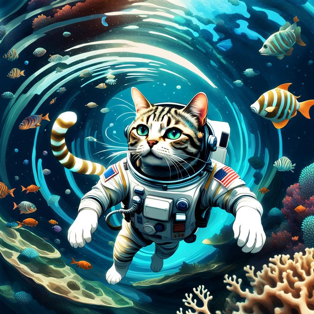 Astronaut Cat Swimming Underwater in Abstract Style