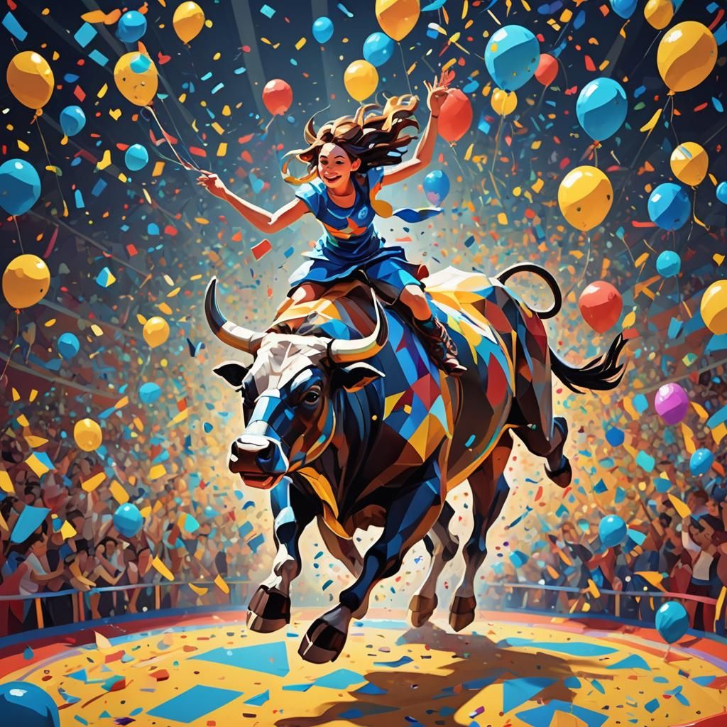 Girl Rides Bull in Colorful Low-Poly Circus Arena