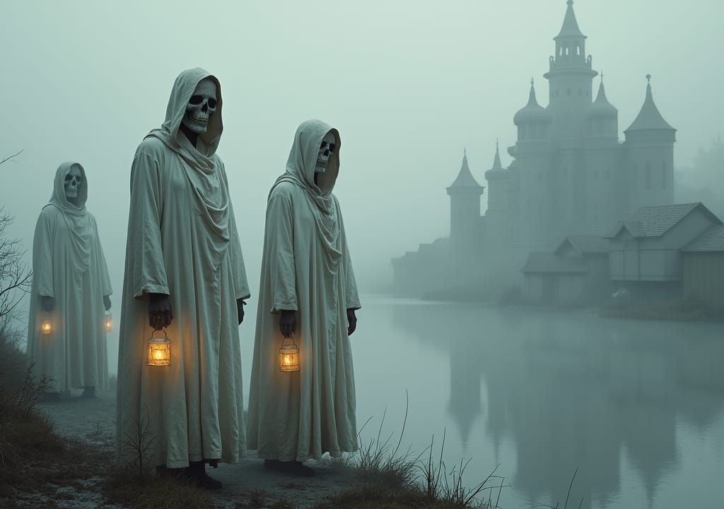 Spooky Figures with Lanterns in Dark Fantasy Style