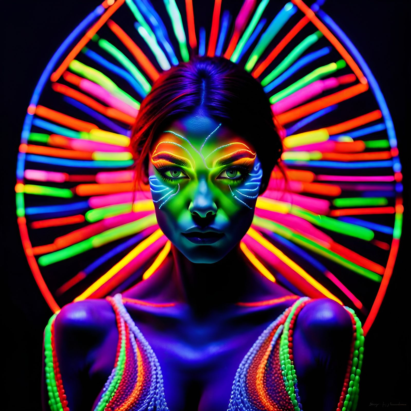 Neon Makeup Portrait in Black Light Art Style