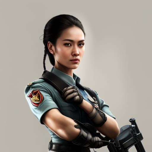 Beautiful Thai Woman in Military Uniform, Hyperrealistic Art