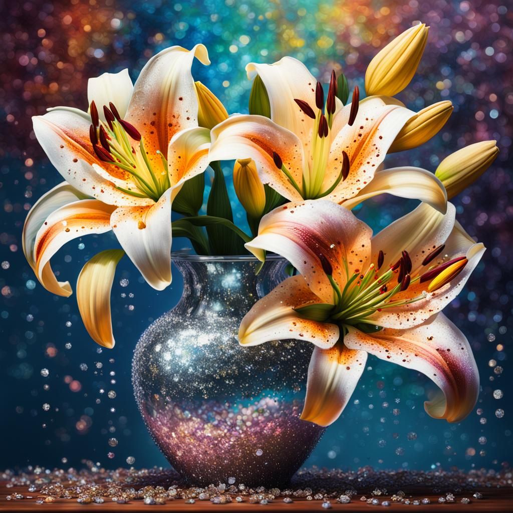 Hyperrealistic Lilies with Diamonds and Glitter