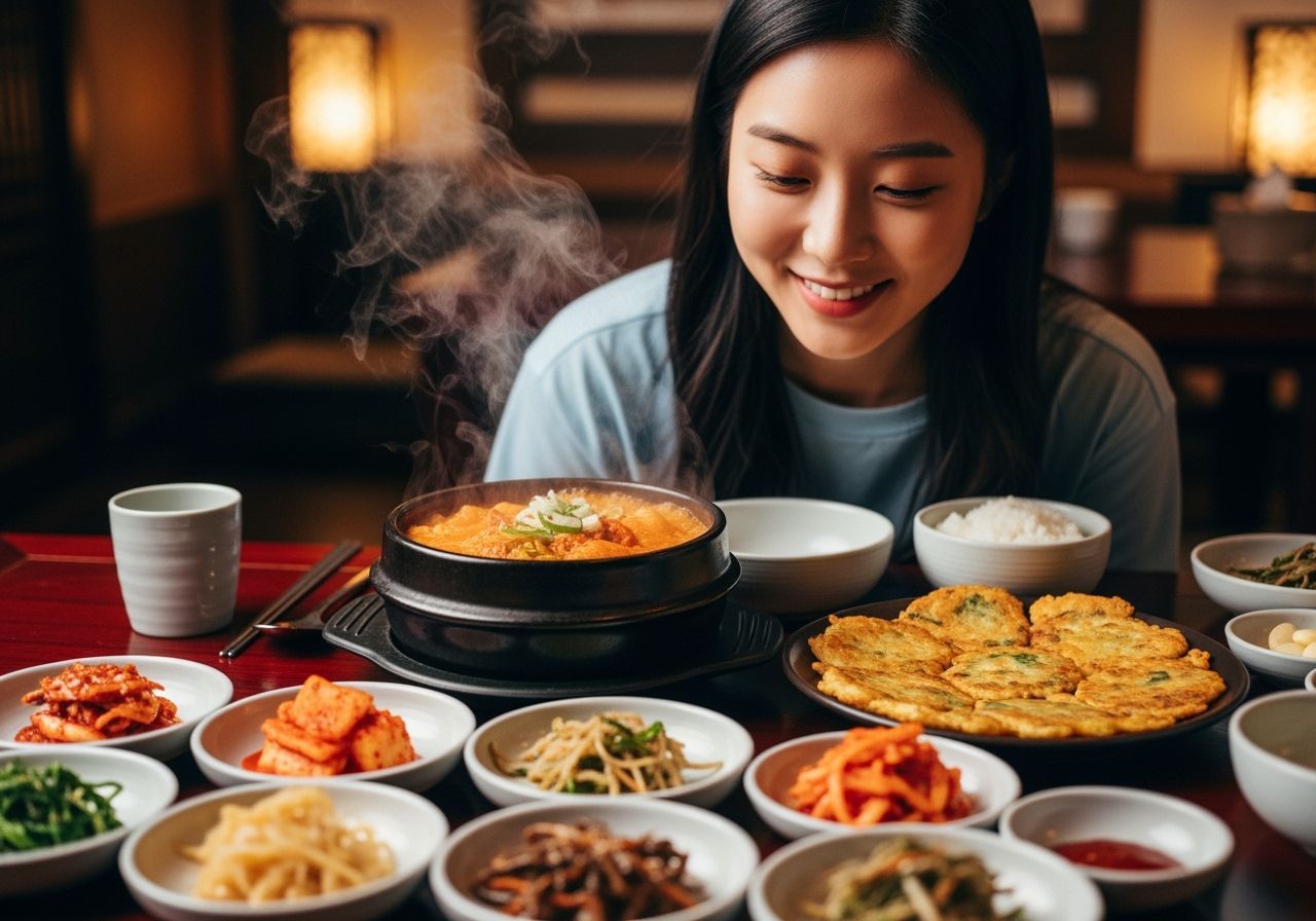 Korean Drama Food Scene: Woman Smiles in Cozy Restaurant