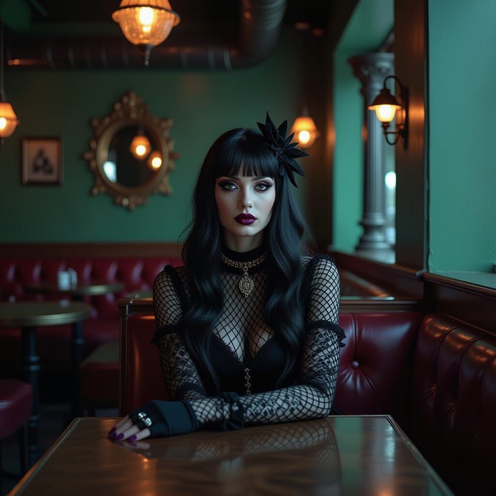 Goth Model in Coffee Shop, Tim Burton Style