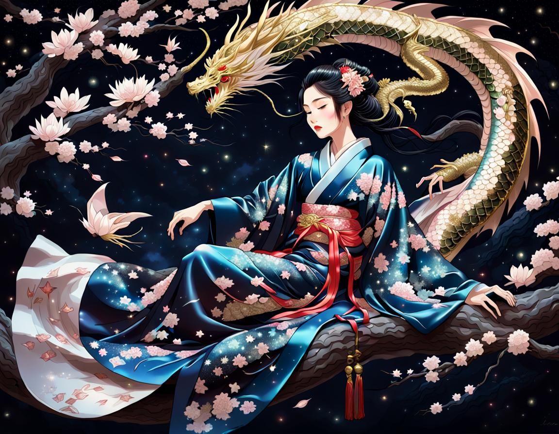 Woman on Dragon in Blossom Tree Fantasy Art
