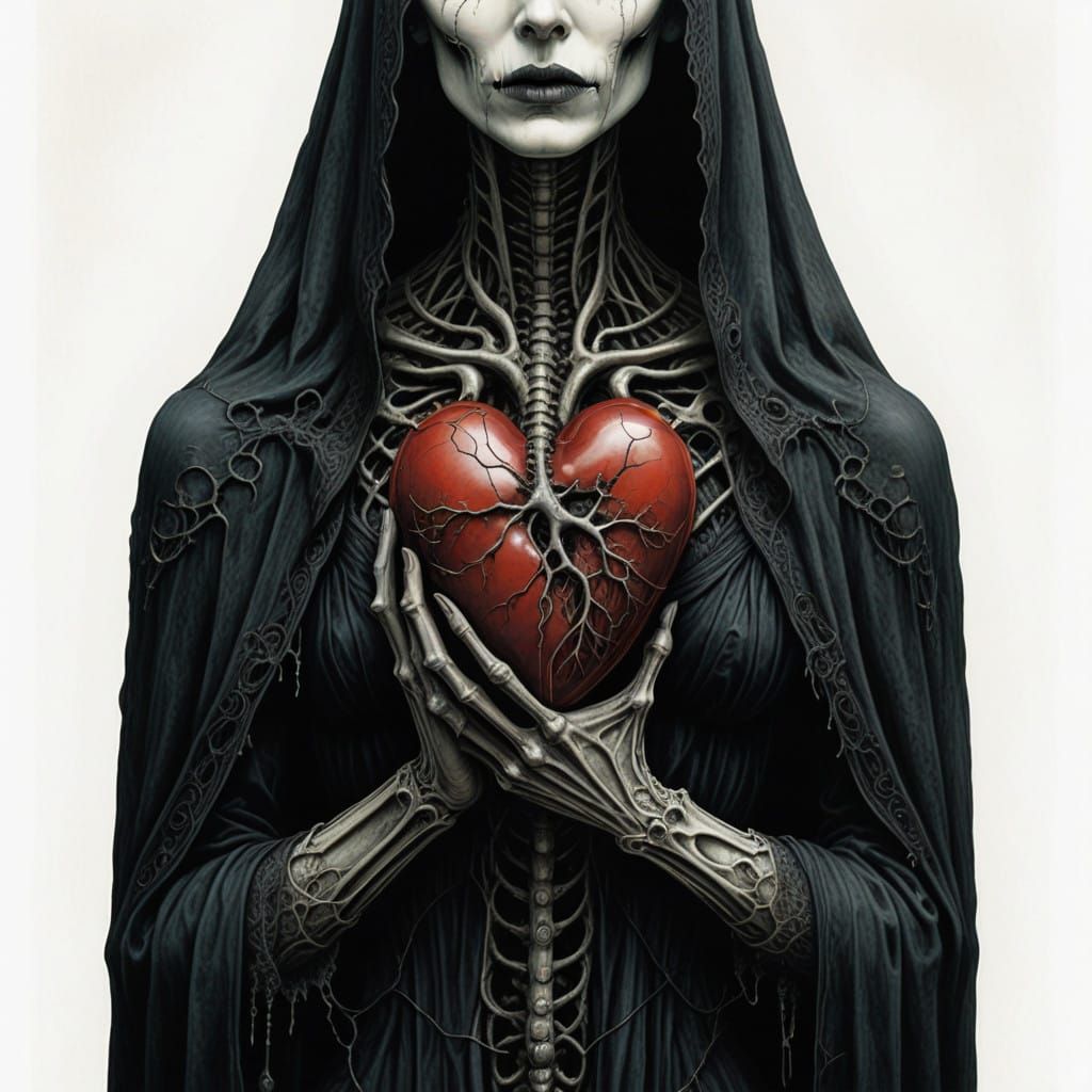 A Woman Holds a Detailed Heart Organ in a Dark, Whimsical Sc...