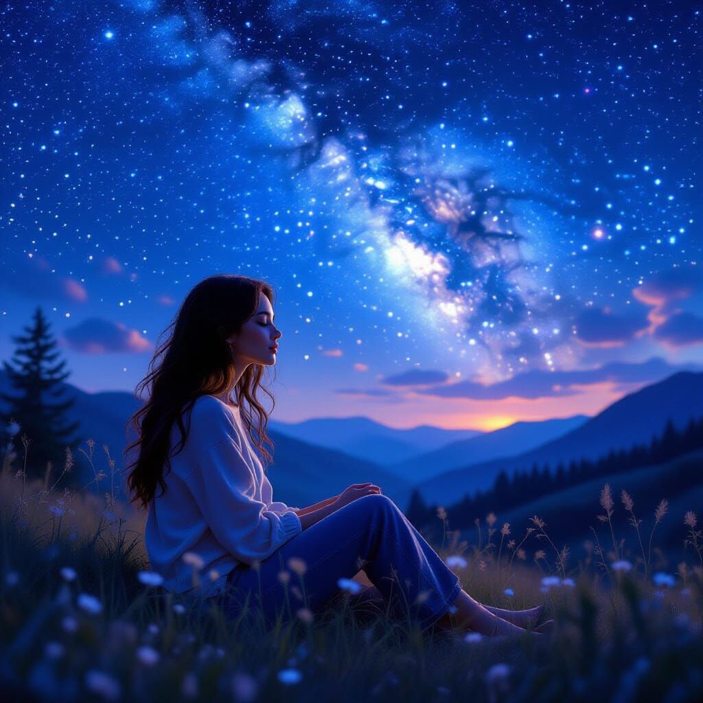 Empathetic Stoner Woman Relaxing Under Starry Night Sky