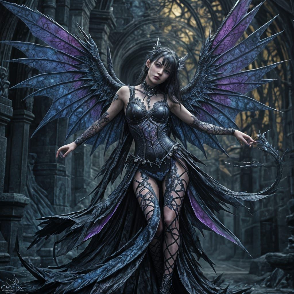 Gothic Fairy Embraces Dragon in Dark Fantasy Art