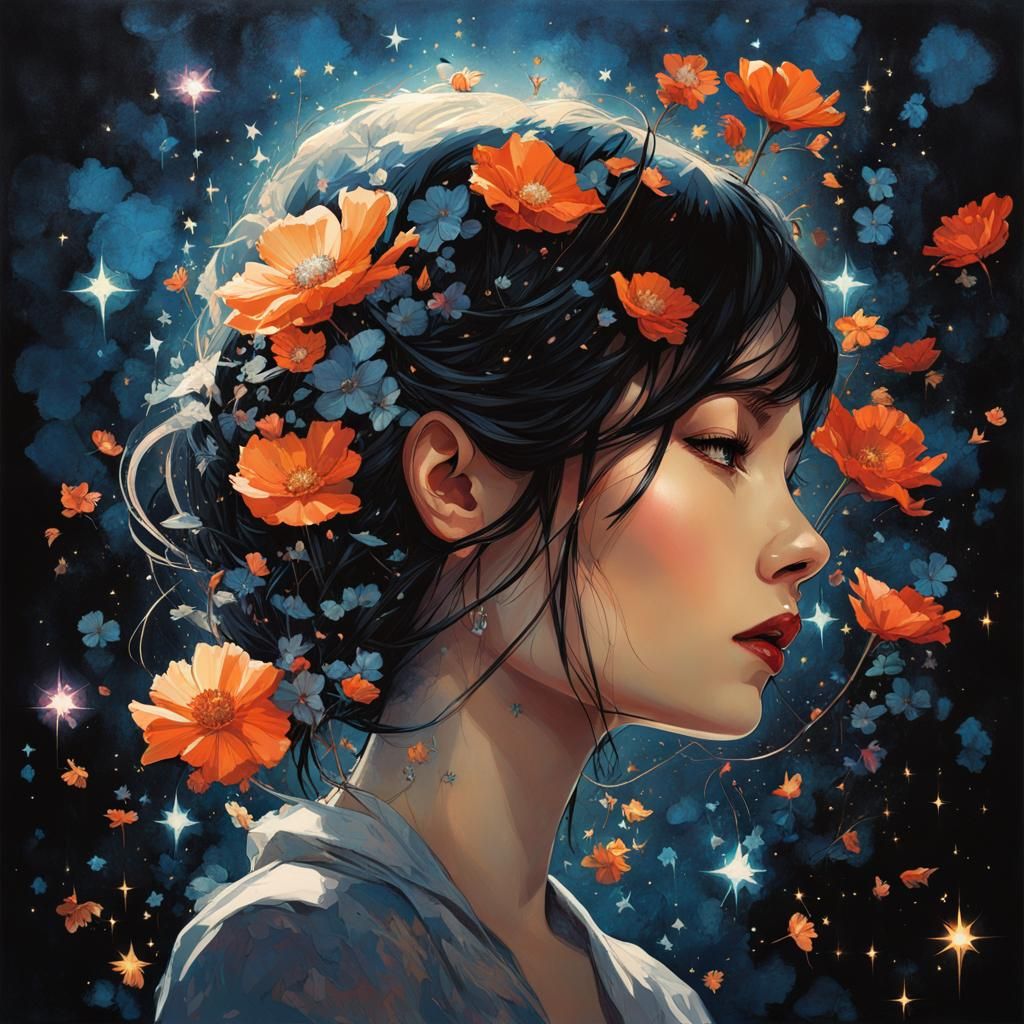 Girl Gazing at Falling Stars Portrait