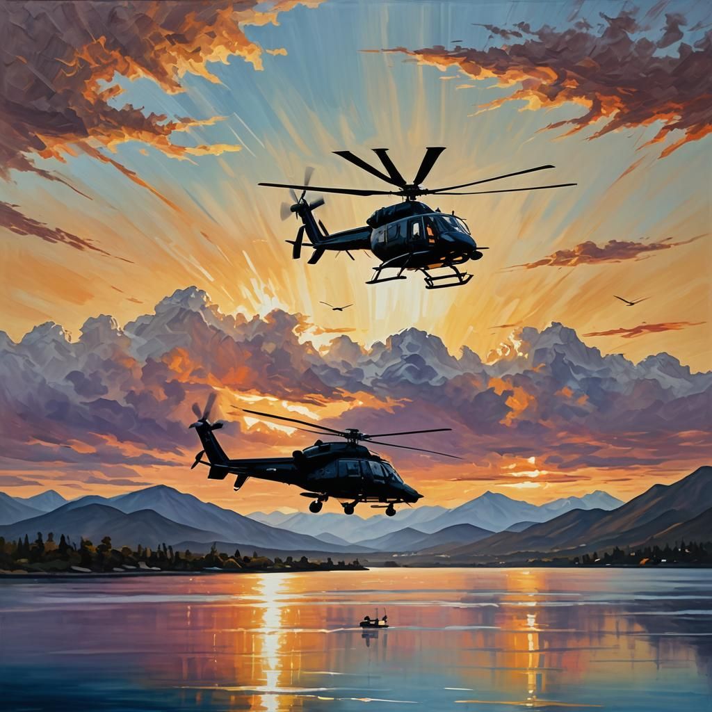 prompt: A dramatic silhouette of a helicopter hovers over a ...