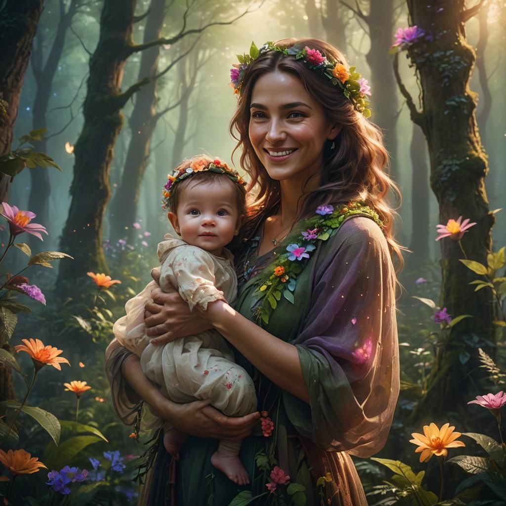 Loving Mother and Baby in Mystical Forest