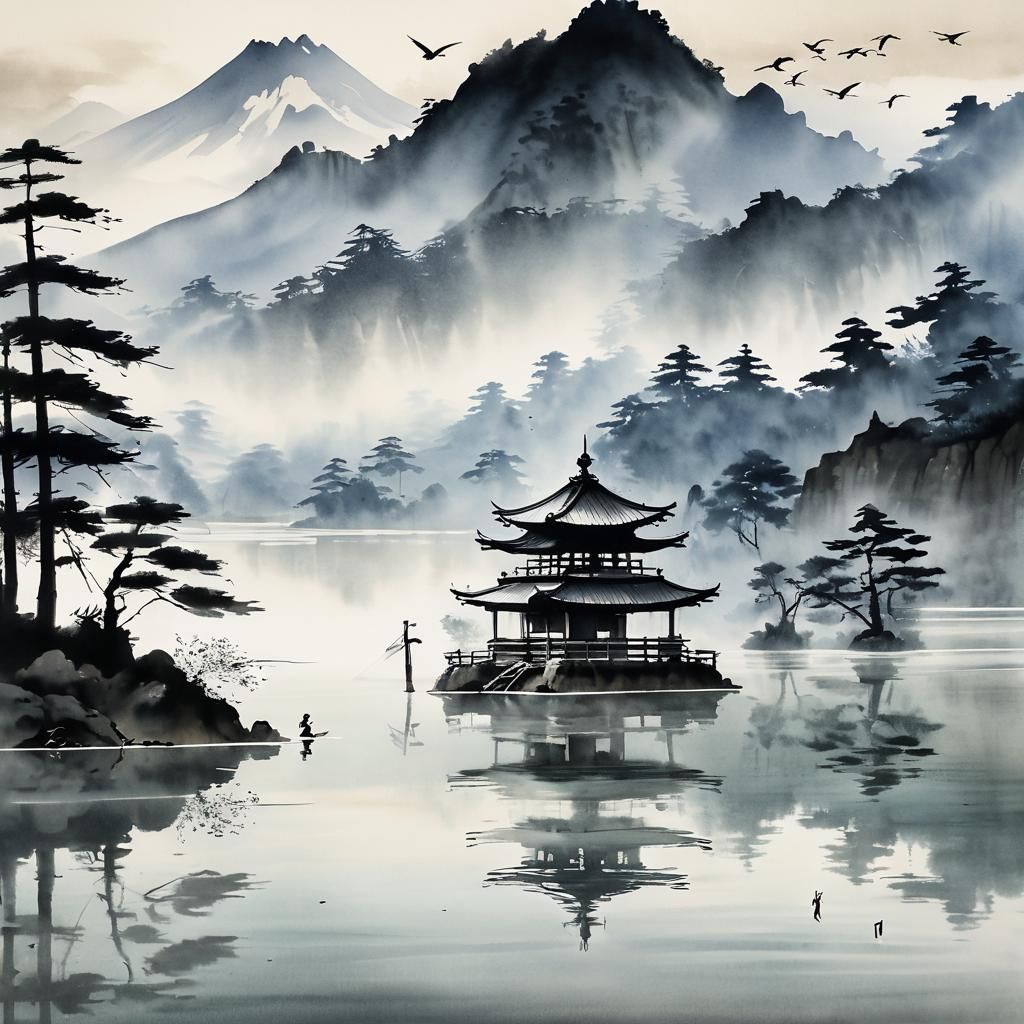 Serene Japanese Castle on Mountain Lake in Sumi-e Style