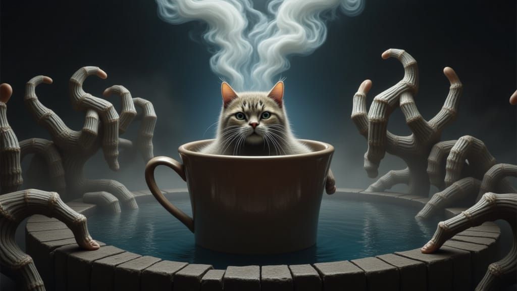 Contemplative Knight Cat in Coffee Mug with Ethereal Steam