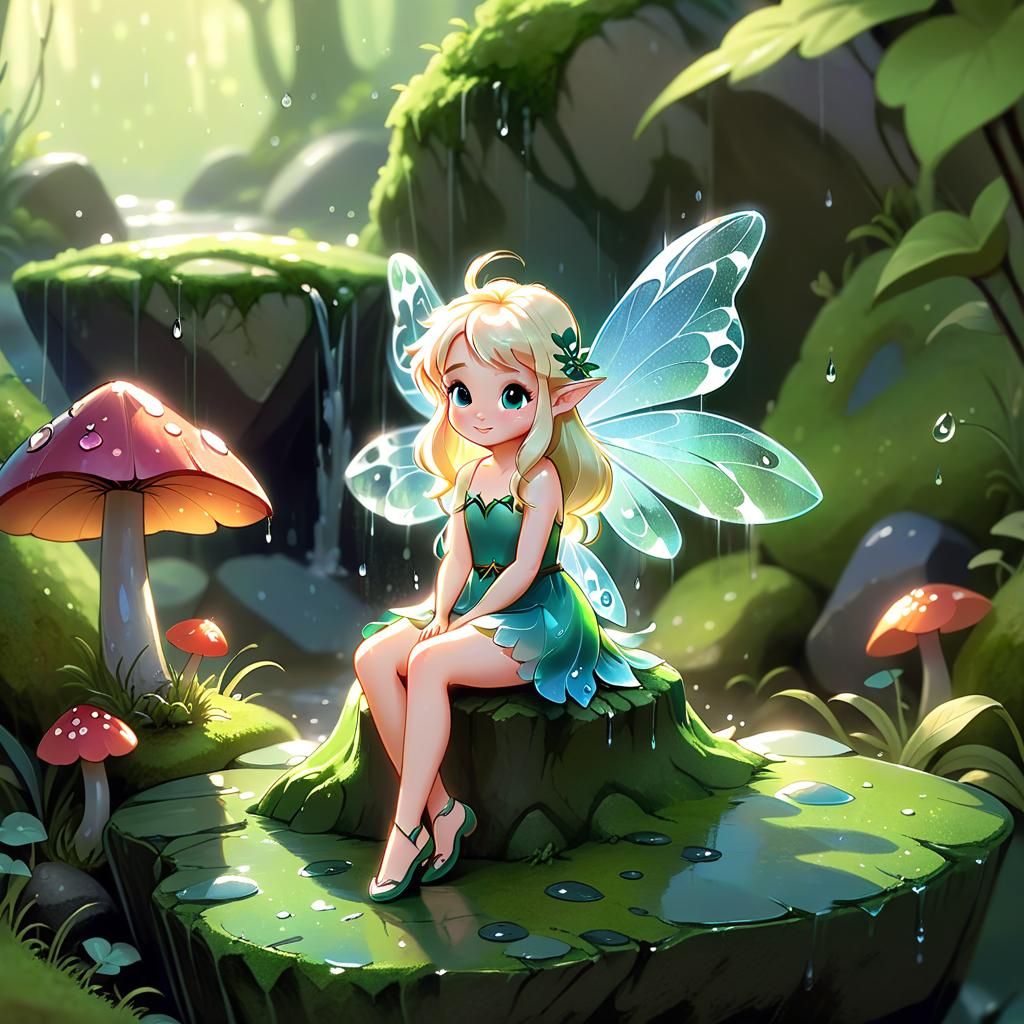 Adorable Fairy on Mossy Rock Illustration