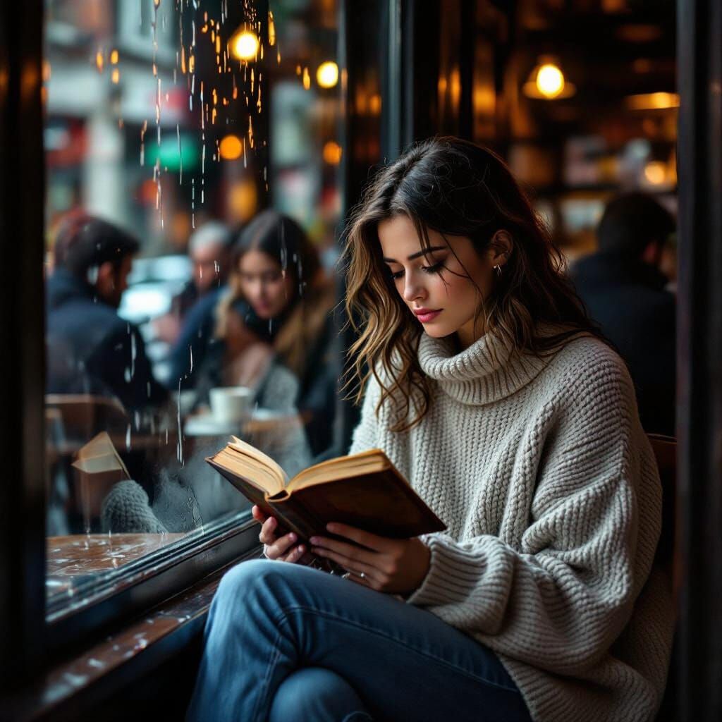 Melancholy Reader in Rainy Cafe: Photorealistic Style