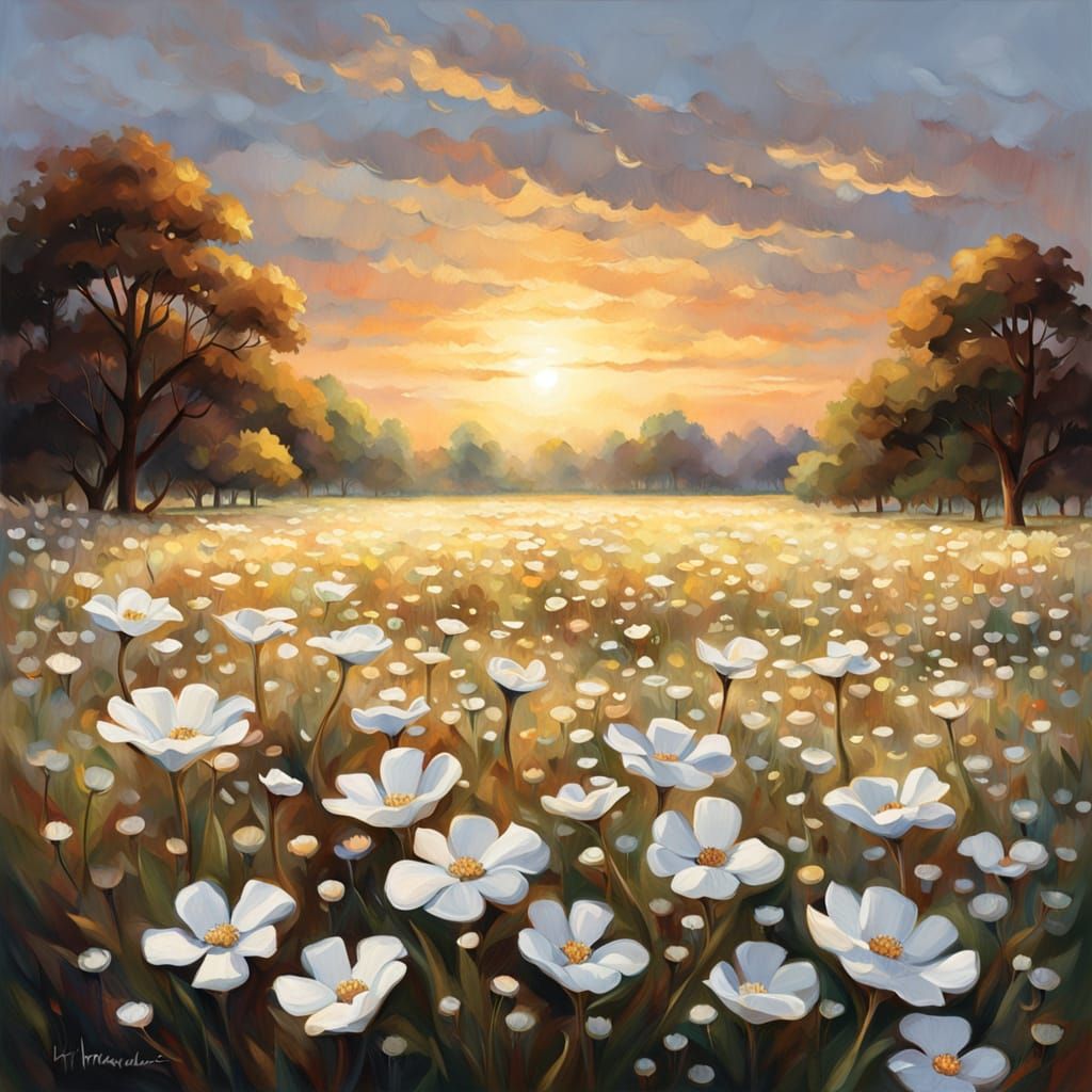Vibrant Field of White Flowers at Golden Hour